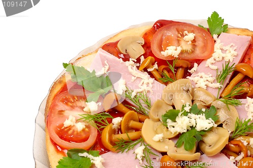 Image of Pizza with mushrooms and ham isolated