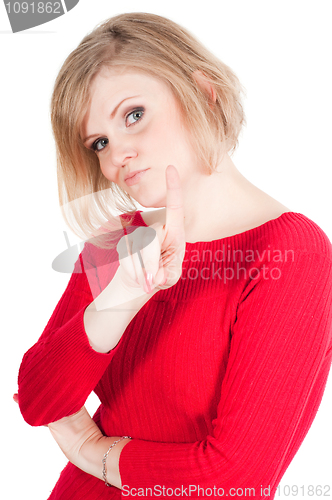 Image of Portrait of beautiful woman in red