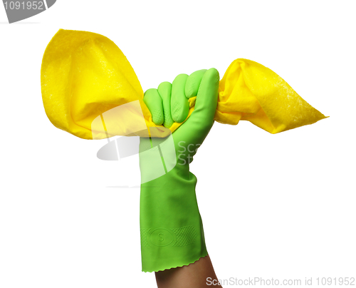 Image of Hand in rubber glove holds cleaning rag