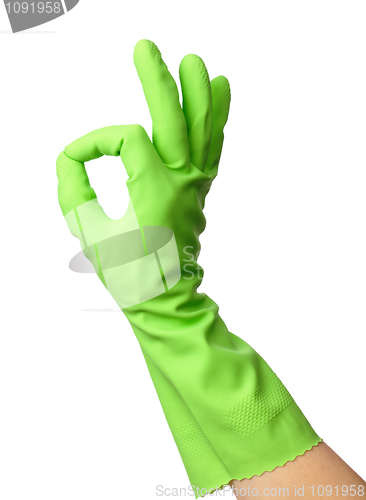 Image of Hand wearing rubber glove shows OK sign