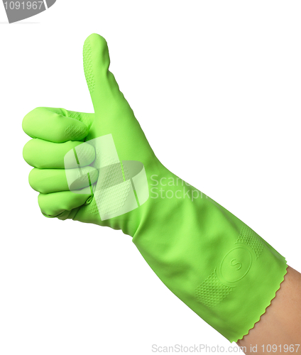 Image of Hand wearing rubber glove shows thumb up sign