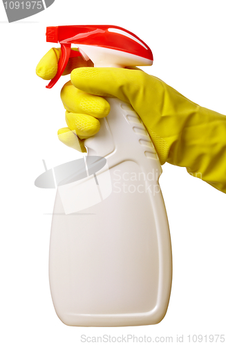 Image of Hand holds sprayer with chemical cleaner