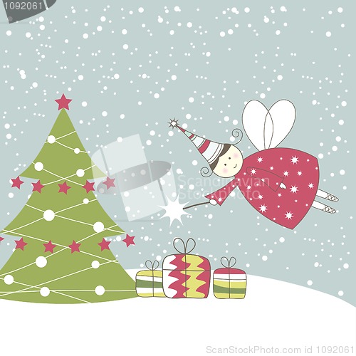 Image of Christmas card with angel. Vector illustration