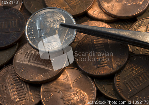 Image of dime found in a pile of pennies