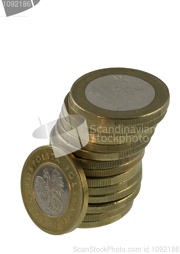 Image of stack of euro coins with a single Polish one aside