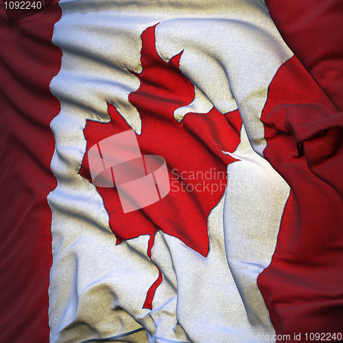 Image of Flag of Canada, fluttering in the breeze, backlit rising sun