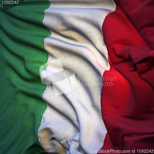 Image of Flag of Italy, fluttering in the breeze, backlit rising sun