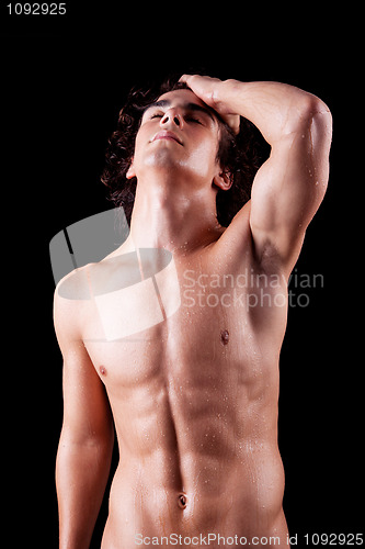 Image of torso of a sweat man in topless,