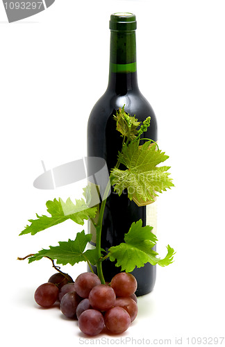 Image of bottle of wine with grape wine leafs and vine