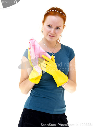 Image of redhead young woman holding a rag