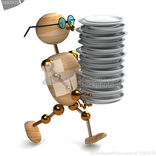 Image of 3d wood man is holding  dishes