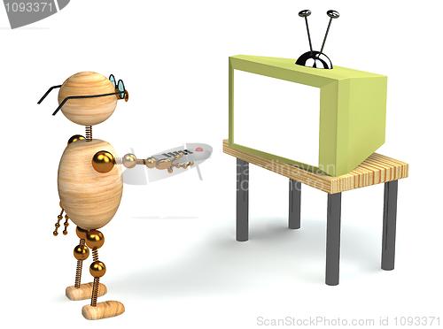 Image of 3d wood man is watching tv