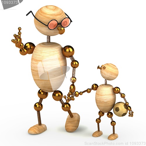 Image of 3d wood man holding a chlid