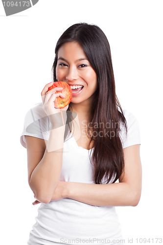 Image of Asian woman eating apple