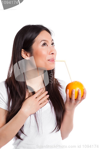Image of Asian woman drinking orange juice
