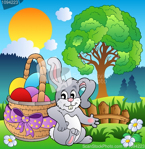 Image of Spring meadow with bunny and basket