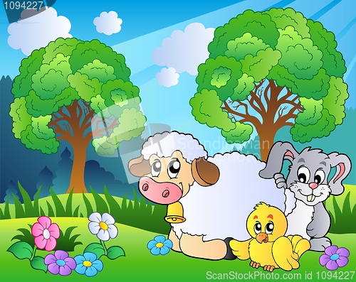 Image of Meadow with spring animals