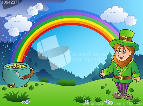 Image of Meadow with rainbow and leprechaun
