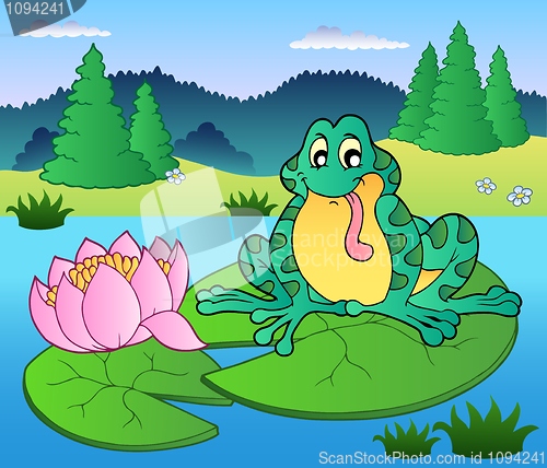 Image of Cute frog sitting on water lily