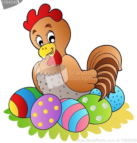 Image of Cartoon hen with Easter eggs