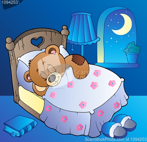 Image of Sleeping teddy bear in bedroom