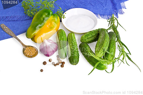 Image of Vegetables with spices, salt and blue cloth