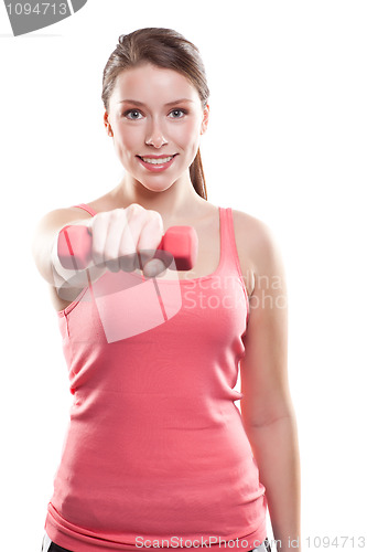 Image of Beautiful sporty woman with dumbbells