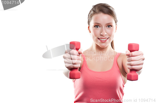 Image of Beautiful sporty woman with dumbbells