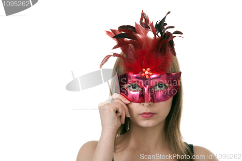 Image of girl in the red masquerade mask