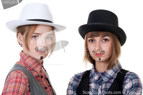 Image of Two girls with painted mustaches