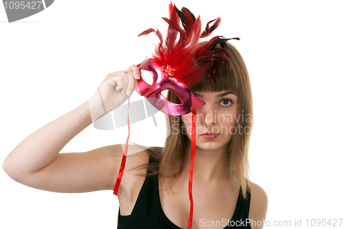Image of girl in the red masquerade mask