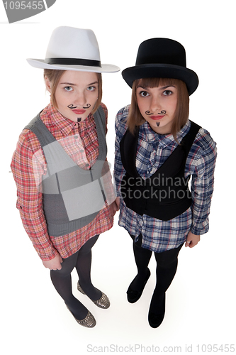 Image of Two girls with painted mustaches