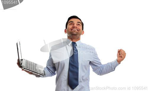 Image of Excited man with laptop victory success