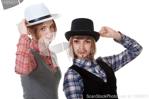 Image of Two girls with painted mustaches