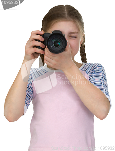 Image of Little girl with camera isolated on white background