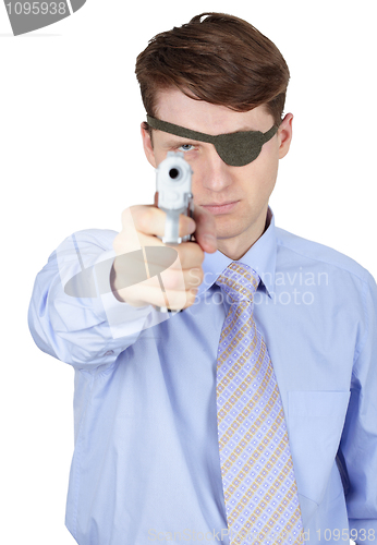 Image of Terrible man aiming gun on white background
