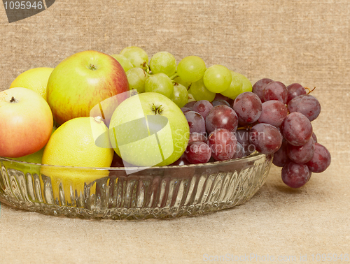 Image of Fruit in vase - lemons, apples, grapes