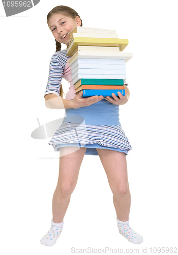 Image of Ûchoolgirl has large stack of textbooks