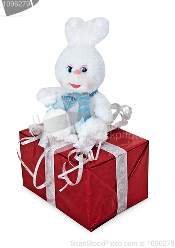 Image of Toy white rabbit sitting on gift