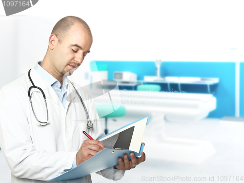 Image of caucasian doctor writing