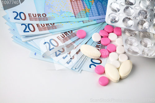 Image of Few pills over Euro money