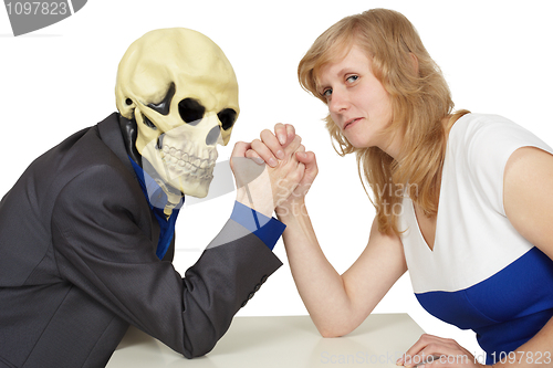 Image of Woman struggles against death on white