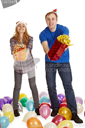 Image of Man and woman give gifts isolated on white