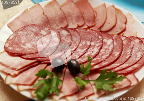 Image of Ham and sausage served on plate