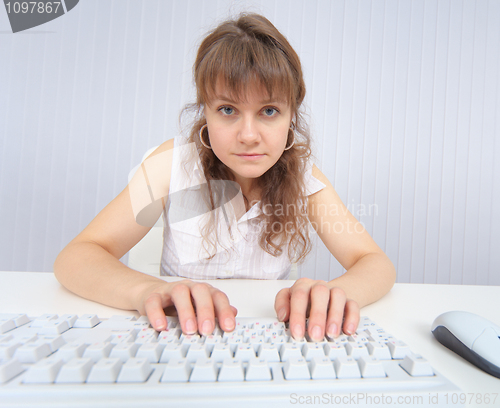 Image of Comical woman sits in front of monitor with the keyboard