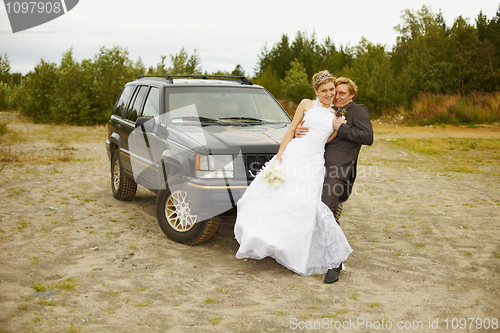 Image of Newly married go to a honeymoon trip by car