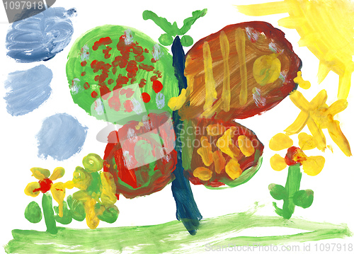 Image of Children drawing - big butterfly and flowers