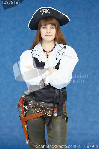 Image of Woman - sea pirate on blue background with pistol