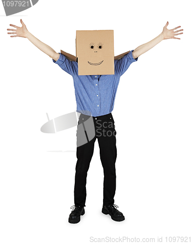 Image of Funny man with box on head rejoices