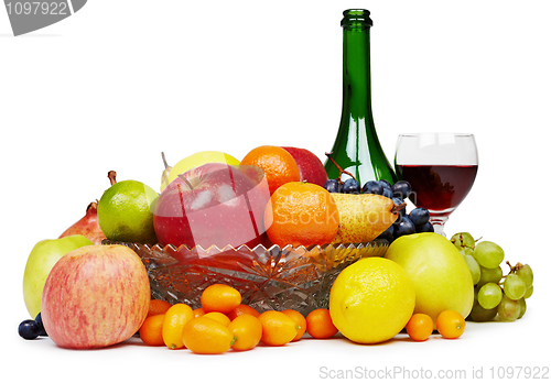 Image of Ðruit and wine bottle - still-life